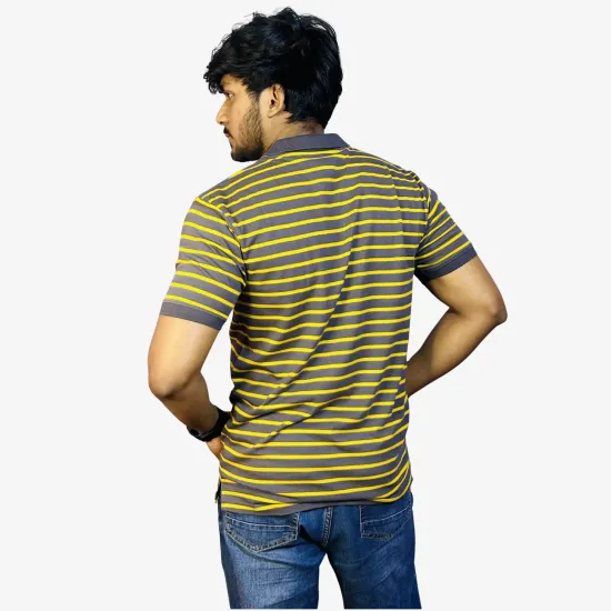 Men's Grey & Yellow Striped Polo T-Shirt | Premium Cotton Regular Fit